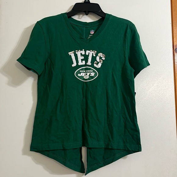 NFL Jets Girls Team Apparel V Neck T-Shirt size L (14) white green with sequin - Picture 1 of 9